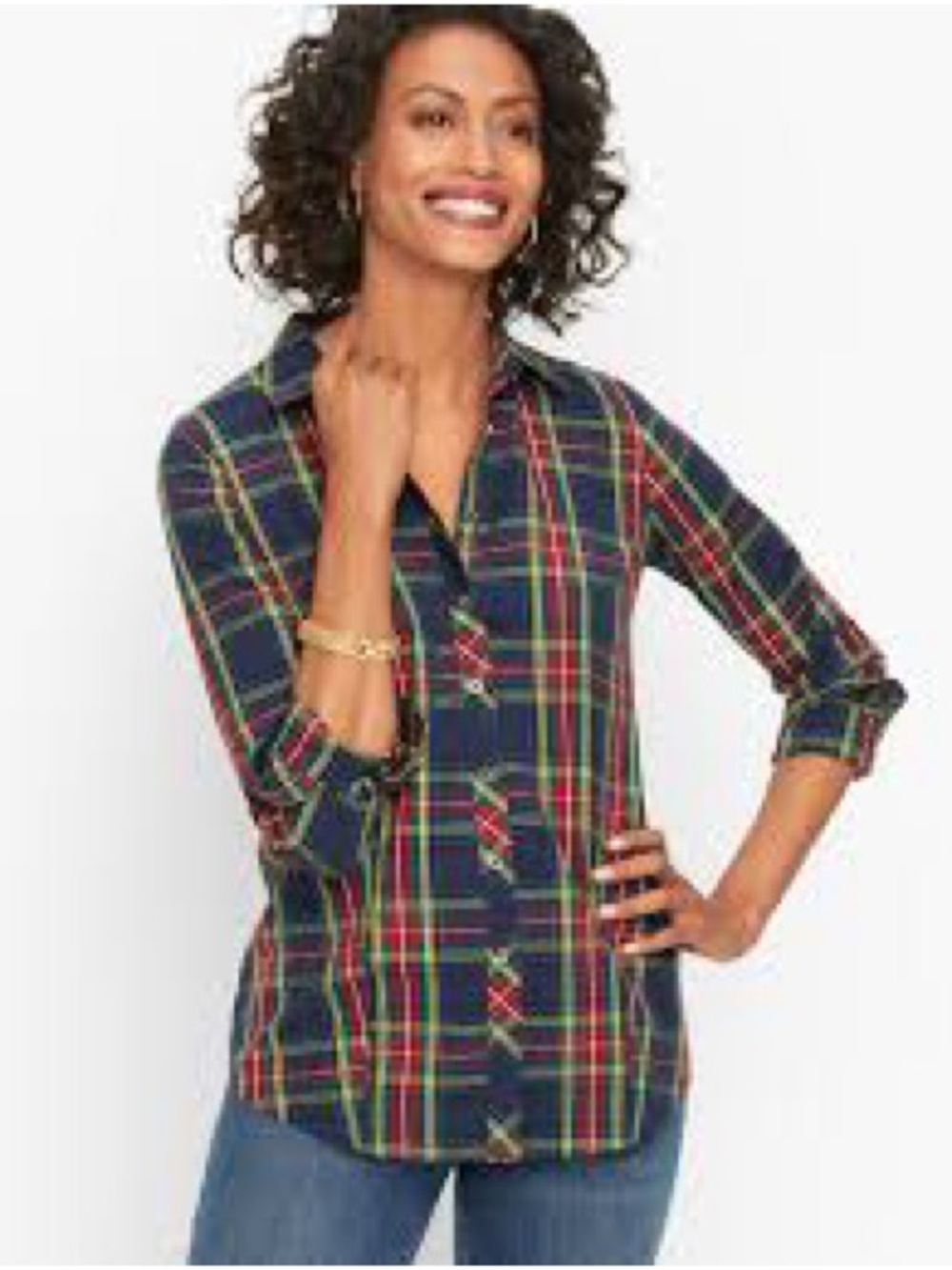 Talbots Navy Plaid Button-Down Shirt with Red and Green Stripes